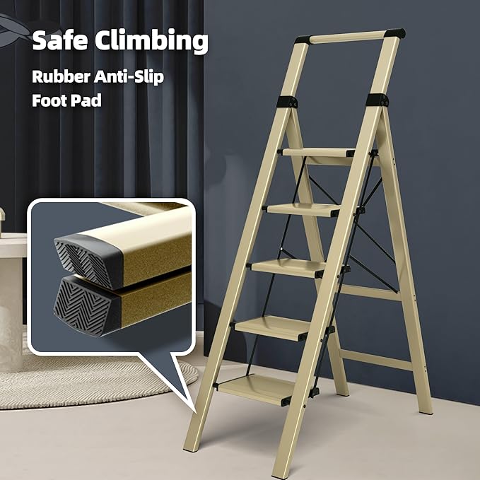 HillhutApex 5 Step Foldable Aluminum Step Ladder with Handgrip, Anti-Slip Pedal, 330 lbs Capacity, Lightweight & Portable for Home, Kitchen, Office, Garage (Gold)