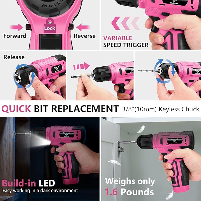 Drill Set: Tool Set with 8V Pink Cordless Drill, Home Tool Kit with Drill, Hand Tool Kits for Women, Homeowner, Diyer, Handyman, 127Piece