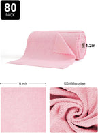 80 Pack Microfiber Cleaning Cloth Roll,Lint Free Rags & Tear Away Reusable Towels Washable Scratch,Ultra Absorbent Dish Rags(12" x 12") for Car Kitchen Home Garage-Pink