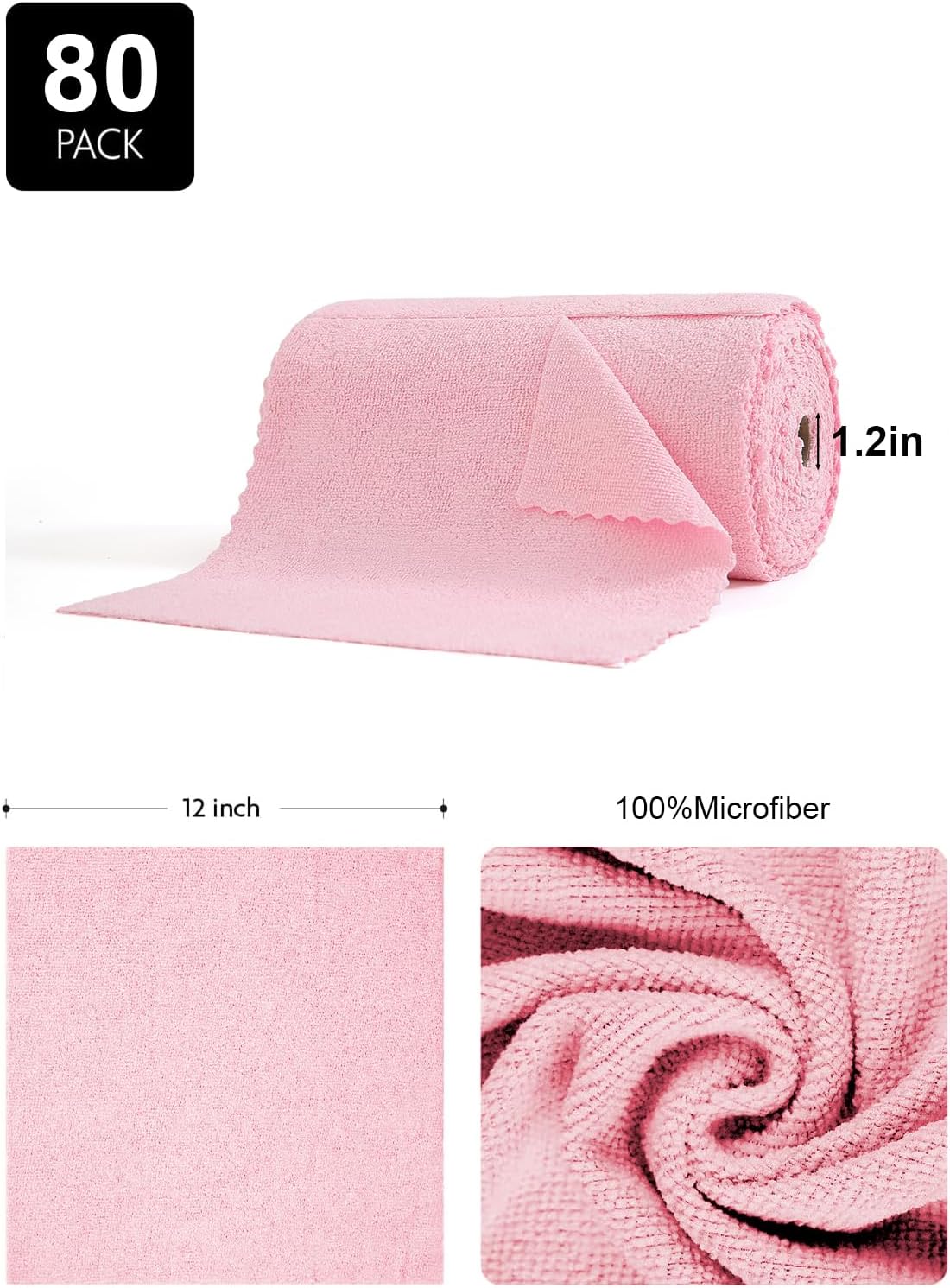 80 Pack Microfiber Cleaning Cloth Roll,Lint Free Rags & Tear Away Reusable Towels Washable Scratch,Ultra Absorbent Dish Rags(12" x 12") for Car Kitchen Home Garage-Pink