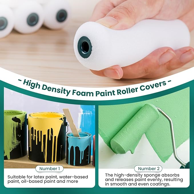 Foam Paint Roller, 8 Pack, 4 Inch Small Paint Roller Kit with High-Density Foam Paint Roller Covers, Mini Paint Rollers for Painting Walls, Suitable for Wall, Cabinets, Ceilings.