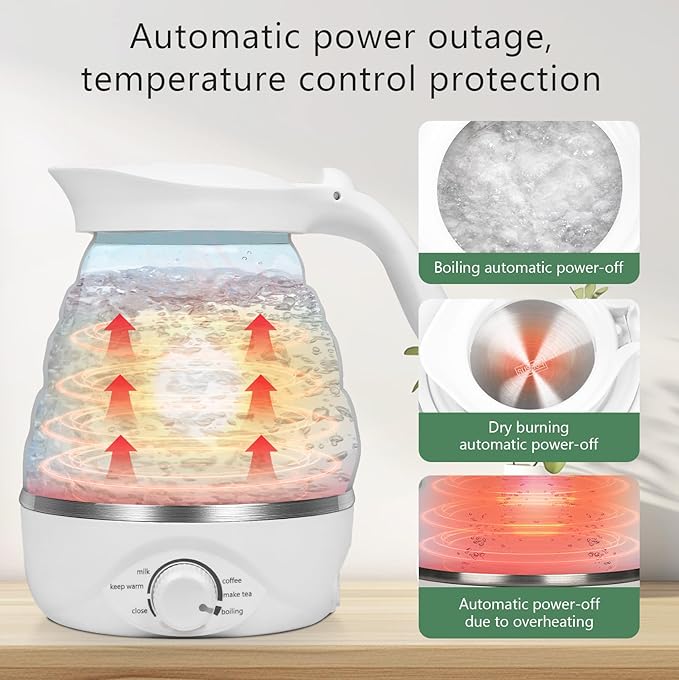 Travel Foldable Electric Kettle, Collapsible Kettle Travel Electric Collapsible Electric Tea Kettle Food Grade Silicone 850W Fast Boiling Water, 110V 700ml (White)