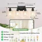 4-Light Bathroom Light Fixtures, Matte Black Modern Vanity Lights with Clear Glass Shades, Bathroom Wall Lamp for Mirror Living Room Cabinet Bedroom Porch