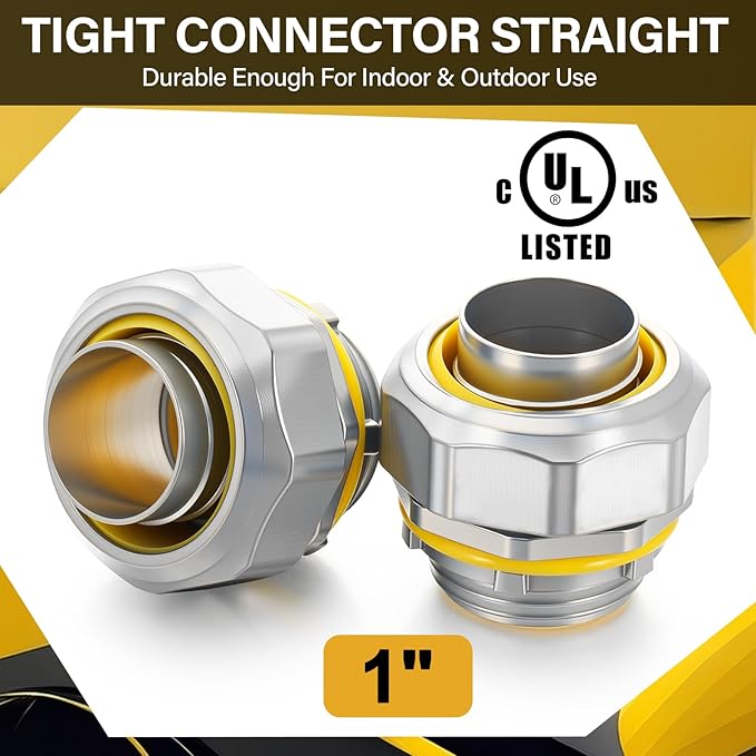 Gisafai 5 Pcs Liquid Tight Connector Straight Insulated Zinc Die Cast Metal Tight Electrical Conduit Fittings for 1 Inch Flexible and Type B Flexible