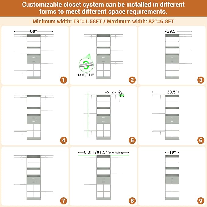 Small Closet System - 5FT Closet Organizer System with Wooden Drawers, 60 Inches Walk In Closet System With 5 Hanging Rods, Can Fit 1.58 to 6.8 FT with Reversible Hanging Shelving, Crab Green