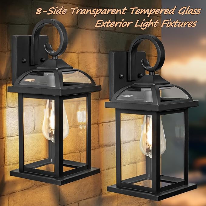 Black Exterior Light Fixtures 2-Pack, Anti-Rust Aluminum Outdoor Wall Lights for House Porch Lights IP65 Waterproof Clear Glass Outdoor Sconces Wall Mount Wall Lanterns, Matte Black