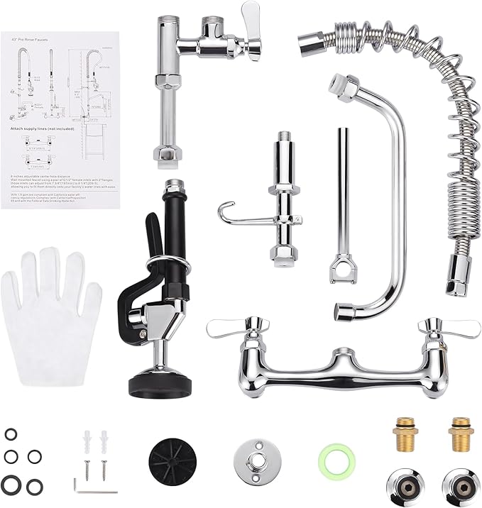 21" Height Commercial Faucet Wall Mount with Sprayer 8" Adjustable Center 9.6" Swing Spout, Kitchen Sink Faucets with Pull Down Pre-Rinse Sprayer for Restaurant Industrial Kitchen, Chrome