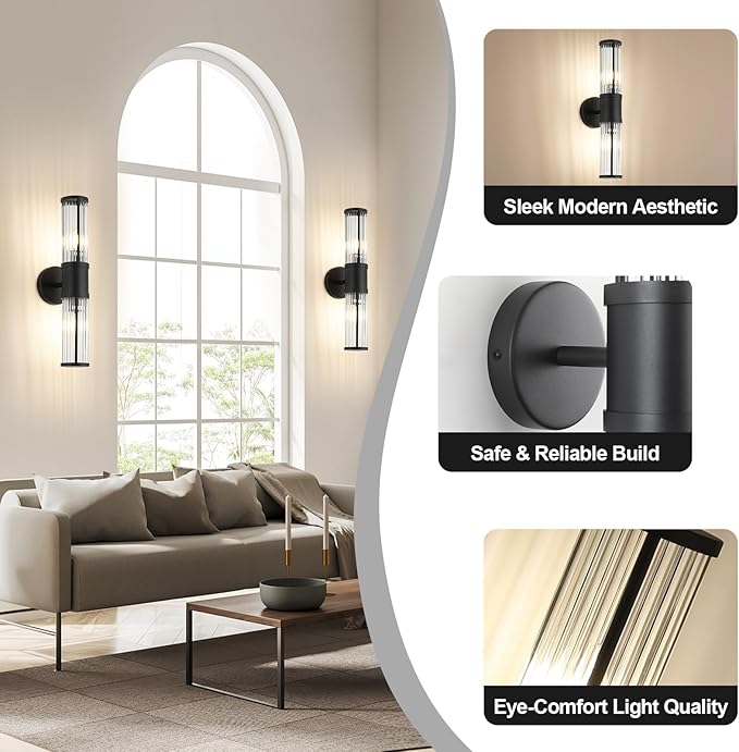 Bathroom Light Fixtures 2-Light Matte Black Bathroom Vanity Light Modern Wall Lights for Bedroom Bath Mirror Lights with Glass Rods Shades for Mirror Bedroom Hallway