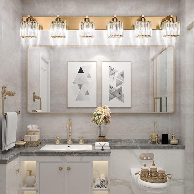 Aipsun Bathroom Vanity Light Brass Crystal Vanity Lighting Fixtures 6 Light Modern Bathroom Lighting Fixtures (Exclude Bulb)