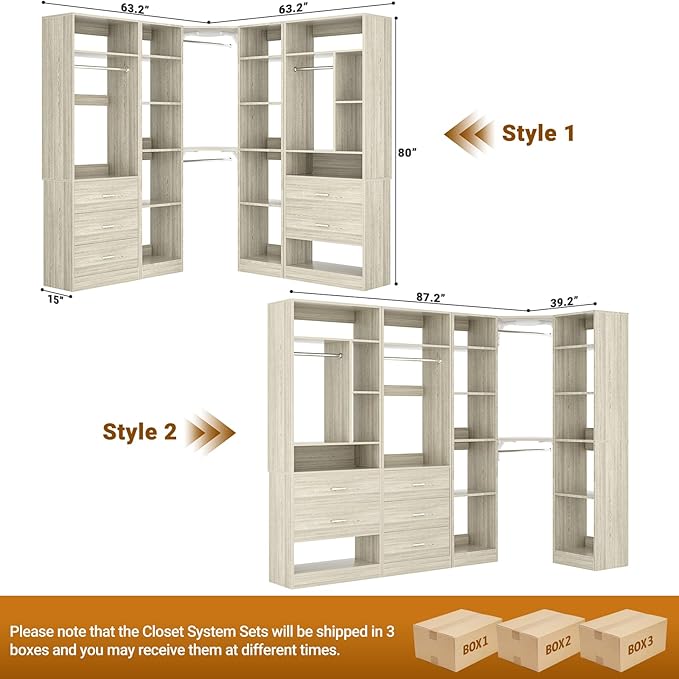 Corner Closet System with 5 Drawers, Closet Organizer System with 15+Shelvess & 4 Hanging Rods, 63.2"L * 63.2"W / 87.2"L * 39.2"W Reversible L Shaped Walk-in Closets, Load 2500+LBS, White Oak