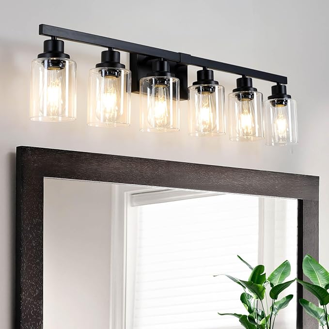 6-Light Black Vanity Lights 38'' Modern Bathroom Vanity Lighting Fixtures Above Mirror， Industrial Matte Bathroom Light Fixtures, Bath Wall Light Fixtures, Black Wall Sconces