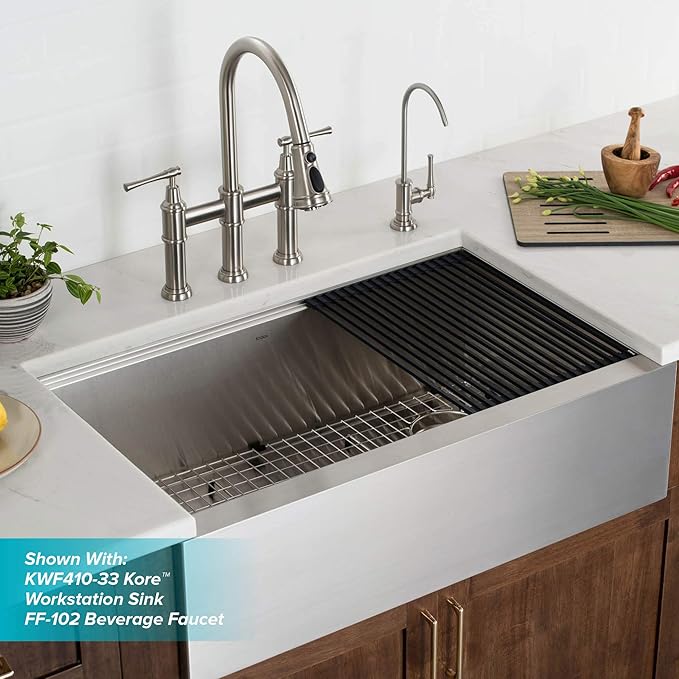 KRAUS Allyn Transitional Bridge Kitchen Faucet with Pull-Down Sprayhead in Spot Free Stainless Steel, KPF-3121SFS