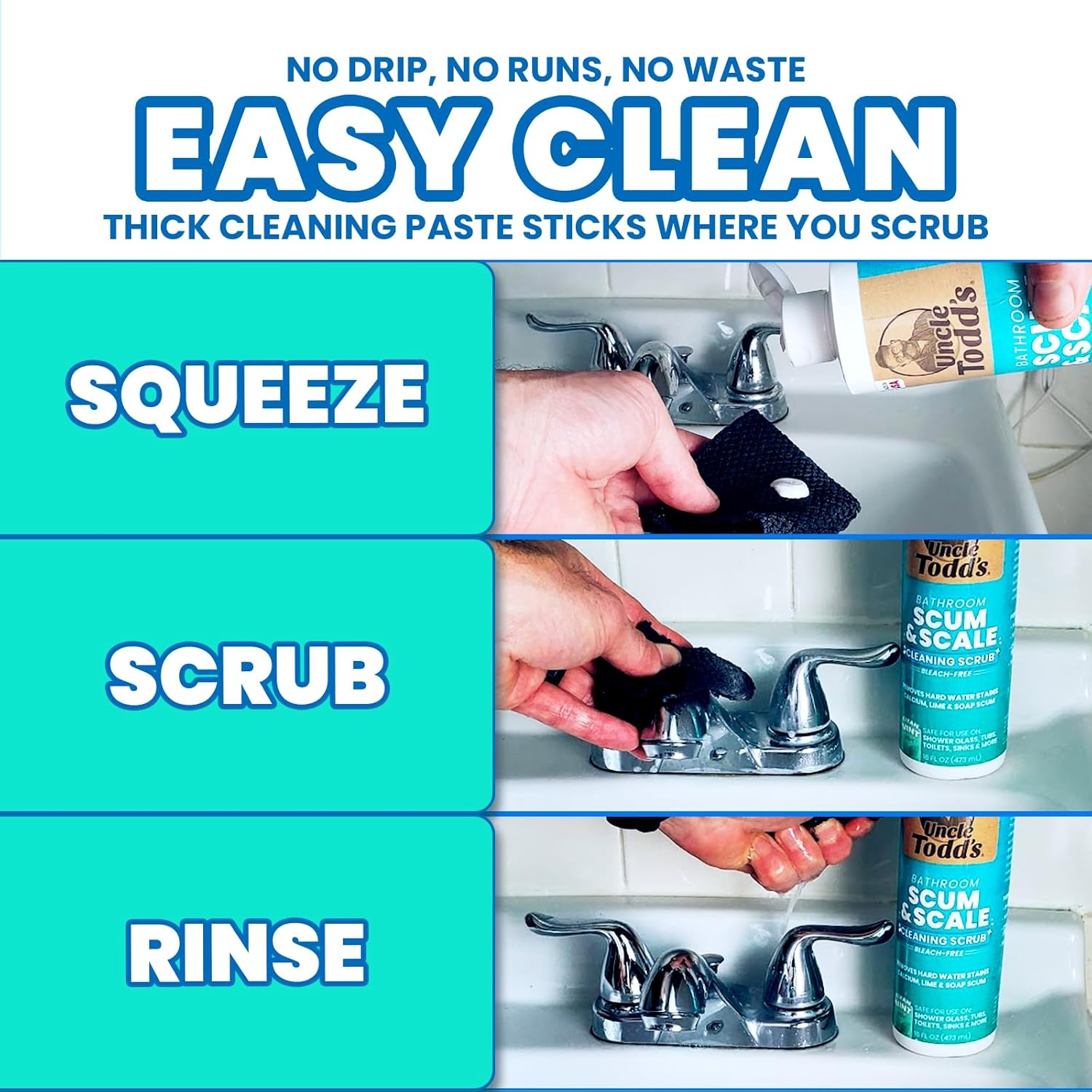 Uncle Todd's Scum & Scale Bathroom Cleaner Hard Water Stain & Soap Scum Remover – Bleach-Free, Heavy Duty Calcium Lime Rust Cleaner for Shower, Glass, Toilet, Tub & Sink – 16oz