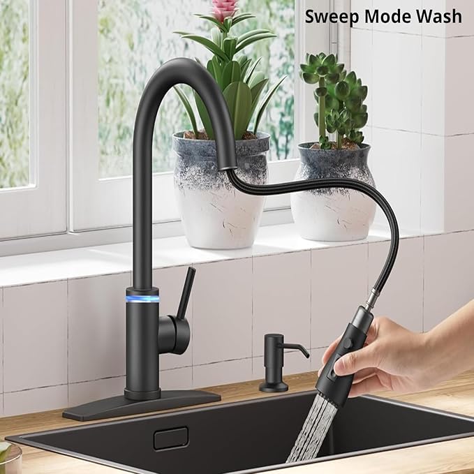 Smart Kitchen Faucet, 3 Modes Pull Down Sprayer, Touch On Sensor Activated, LED Temperature Control, 360-Degree Rotation, 1 or 3 Hole Deck Plate. 10-Year Warranty. (KW-70R, Matt Black)