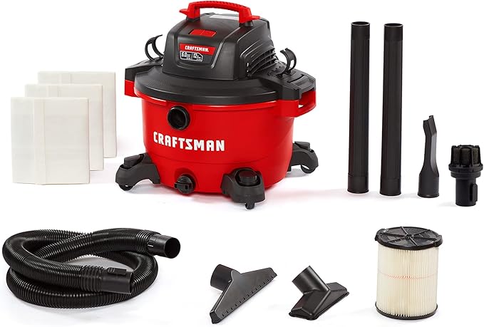 CRAFTSMAN CMXEVBE17594 12 Gallon 6.0 Peak HP Wet Dry Vac, Portable Shop Vacuum Wet and Dry with Filter, 3 Dust Bags, Muffler/Diffuser, Hose and Attachments for Home Projects & Renovations