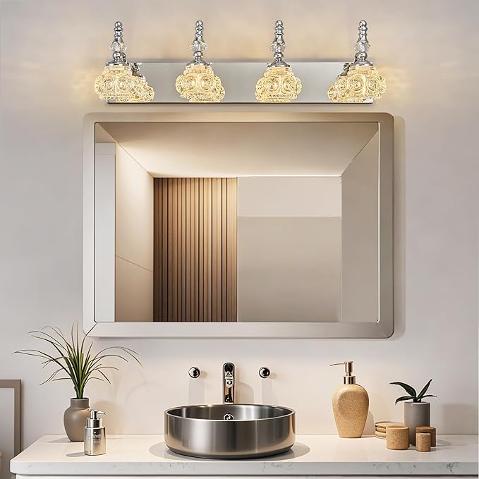 4-Light Vintage Bathroom Vanity Light Fixture Industrial Chrome with Glass Shade Vanity Light Fixtures Over Mirror Glass Bathroom Vanity Lighting Fixtures G9 Bulb Wall Lights