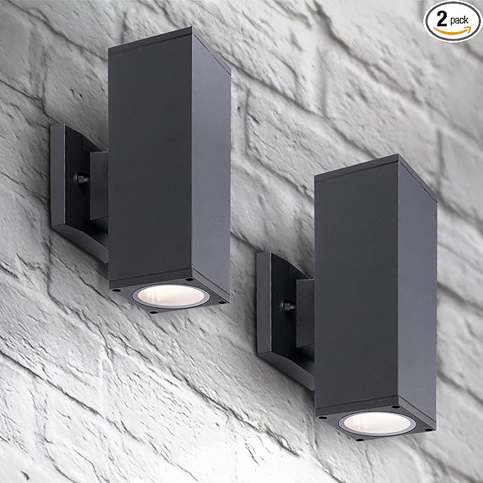 ASD 2 Light Square Outdoor Wall Light Fixture | 120W E26 Bulb Socket 120V ETL Cylinder Up Down Lights | LED/CFL/Incandescent Exterior Bulb Wall Sconce | Front Door, Porch, Patio | Black, 2 Pack