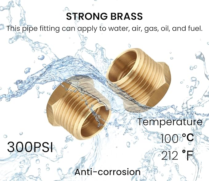 3/4 Inch NPT Male x 1/2 Inch NPT Female Brass Reducer Hex Bushing, Thread 1" OD to 0.75" ID, (2 Piece)