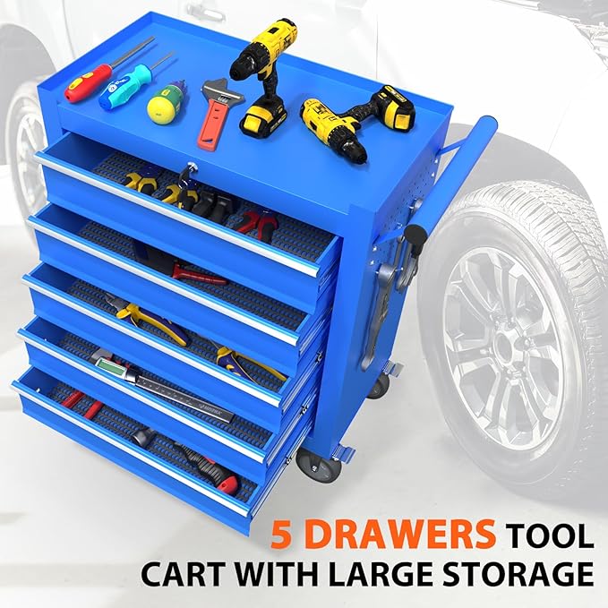 5-Drawer Rolling Tool Chest, Tool Box with 4 Wheels and Drawers, High Capacity Detachable Mobile Tool Storage Cabinet for Garage, Workshop, Mechanics and Repair Room (Blue)