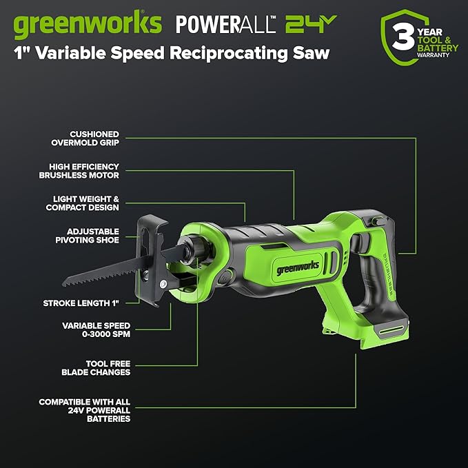 Greenworks 24V Cordless Brushless 6PCs Combo, Drill/Driver+Impact Driver+6.5" Circular Saw+Recip Saw +Oscillating Tool+Flashlight, 2.0Ah+4.0Ah Batteries (24,000mAh Power Bank) and 65W USB-C Charger