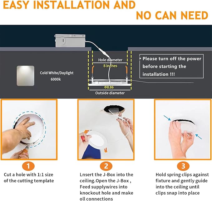 Square 8 Inch LED Recessed Light,18W 6000k Daylight,No Dimmable,4Pack Ultra Thin LED Recessed Lighting with J-Box. 8" Recessed Ceiling Wafer Canless Fixtures .Slim Can-Killer Lights,CRl90+