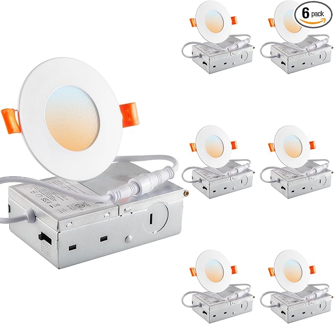 DLLT LED Recessed Ceiling Light: 6 Pack 3 Inch Slim Recessed Lighting for Kitchen - 5CCT Dimmable Canless Wafer Downlight for Living Room - 600LM Brightness 6W LED Can Lights for Bedroom ETL FCC