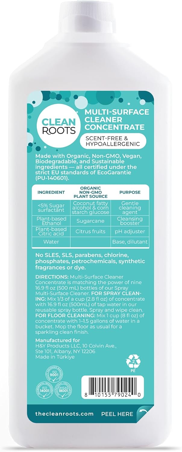 Multi-Surface Cleaner Concentrate – EcoGarantie Certified, 100% Plant-Based Formula, Made with Organic Ingredients, Scent-Free & Hypoallergenic – 25.3 fl oz (750 mL), Pack of 3