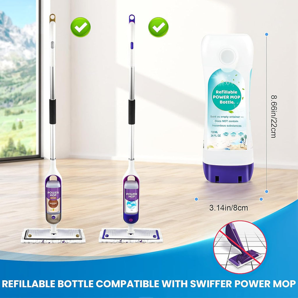 Refillable Bottle for Swiffer Power Mop - 720 ML/24 FL OZ - Leak-Proof HDPE Material Solution Bottle, 1 Empty Bottle + 6 Silicone Pads + 1 Foldable Funnel