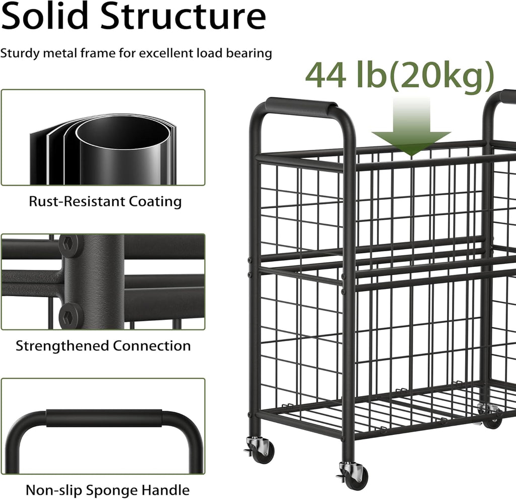 Laundry Hamper 2 Section, 110L Rolling Laundry Sorter Basket with Wheels, 2 Compartment Clothes Organizer Cart, Pull-Out Removable Bags for Laundry Room, Bathroom, Bedroom, Black