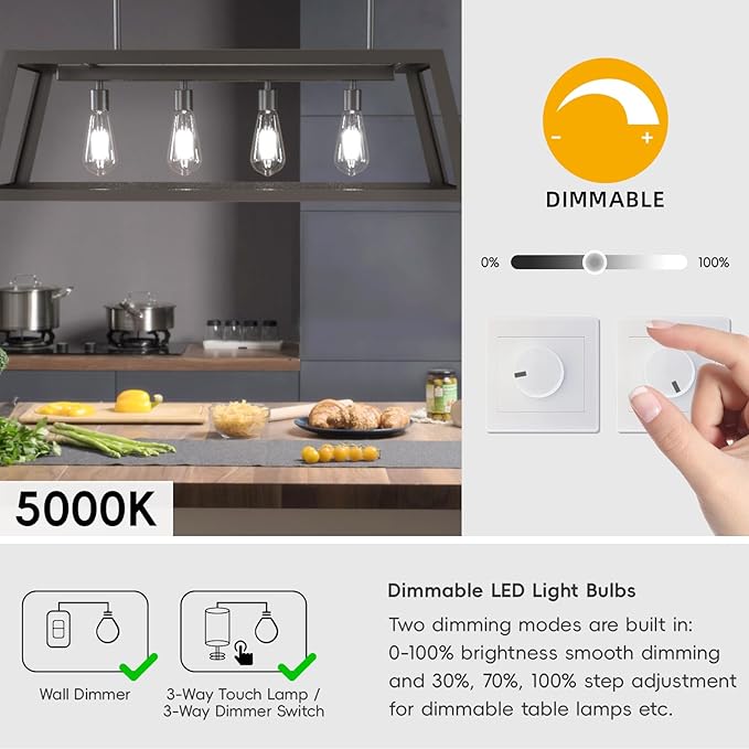 Jensense Edison LED Light Bulbs E26 Bulb 60 watt Equivalent Dimmable Light Bulbs 5000K Daylight Cool White Vintage 7W Edison Bulbs 110V 120V 800 Lumen CRI90, 1 Pack