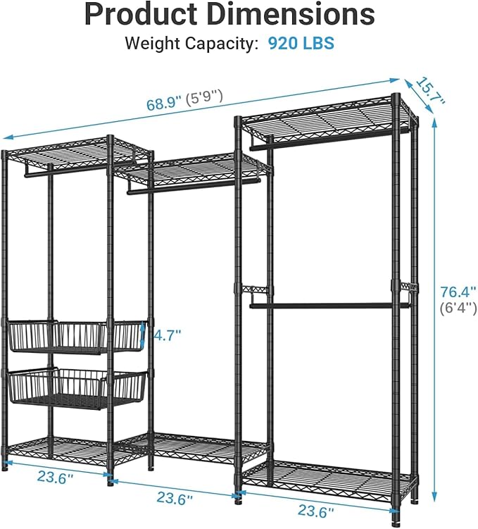 VIPEK V10 Garment Rack Large Size Heavy Duty Clothes Rack with Hanging Rods, Adjustable Shelves & 2 Slid Storage Baskets, Wire Clothing Rack 68.9" W x 15.7" D x 76.4" H, Max Load 920 LBS, Black