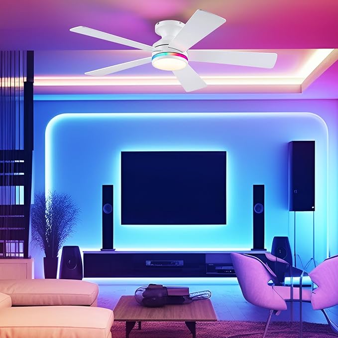 46" Flush Mount RGB Ceiling Fans with Lights - White Low Profile Ceiling Fan Light with Remote/APP, RGB+3CCT 6 Wind Speeds and Reversible, Modern Fan Light Fixture for Party, Kiad's Room
