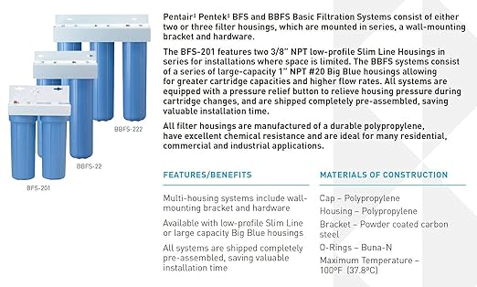 Pentair Pentek BBFS-222 Big Blue Three-Housing Filtration System, 1" NPT #20 High Capacity Water Filter Housing, Holds 20" x 4.5" Filter Cartridges