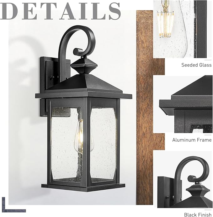 zeyu Large Farmhouse Outdoor Wall Light, 21 Inch Exterior Porch Light Fixture for Front Porch Garage, Die-Cast Aluminum with Seeded Glass, Black Finish, ZD99B-M BK