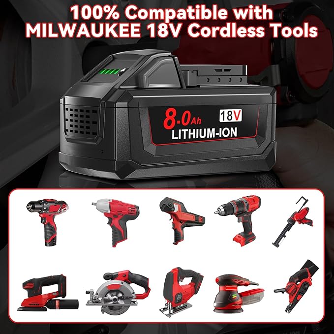 2Pack 8.0Ah Replacement for Milwaukee M18 Battery 18V Lithium Compatible with Milwaukee M-18 Battery 48-11-1865 48-11-1850 48-11-1860 48-11-1865 48-11-1852 48-11-1840 48-11-1862 Cordless Power Tools