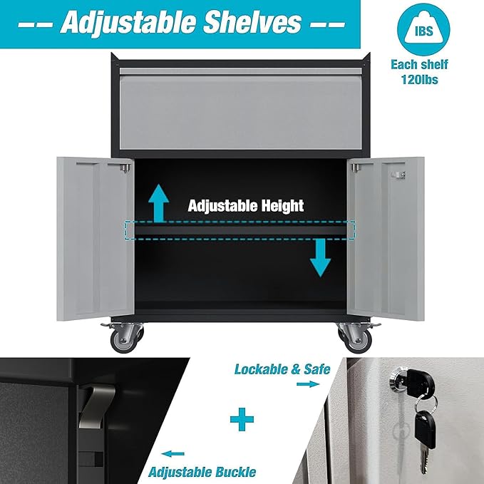 Rolling Garage Storage Cabinet with Door and Drawer, Lockable Metal Tool Cabinet on Wheels for Garage, Home, Office, Black & Gray, Assembly Required, (18.11" D x 30.31" W x 35.43" H)