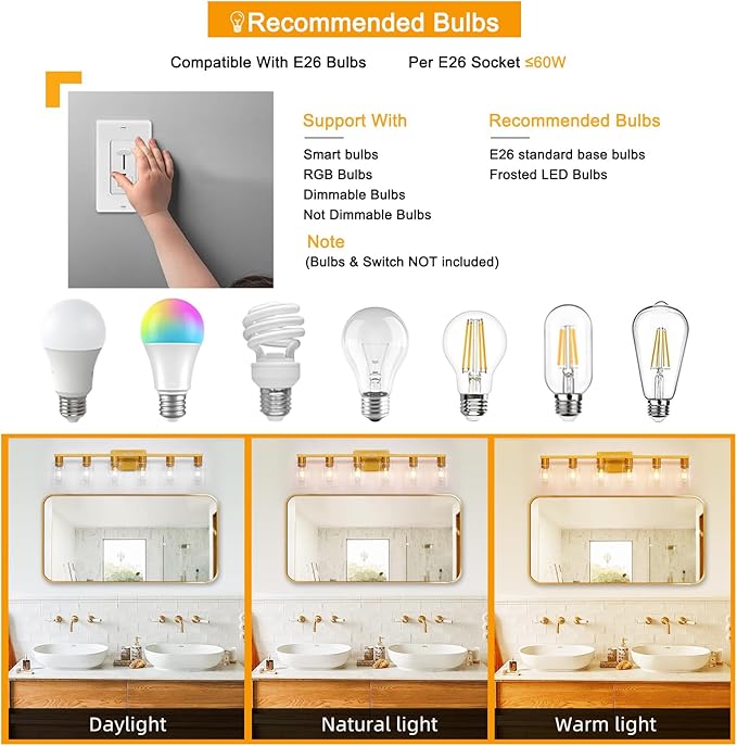 6 Light Bathroom Light Fixtures, Large Gold Bathroom Vanity Light with Clear Glass Shade, Brushed Brass Gold Bathroom Lighting Fixtures Over Mirror, Modern Wall Scones for Bedroom Living Room