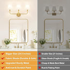 Bathroom Light Fixtures, 3-Light Brushed Gold Vanity Lights, Bathroom Lighting Fixtures Over Mirror with Flared White Fabric Shade, Modern Wall Sconces for Living Room Hallway