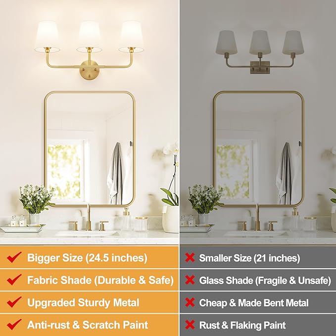 Bathroom Light Fixtures, 3-Light Brushed Gold Vanity Lights, Bathroom Lighting Fixtures Over Mirror with Flared White Fabric Shade, Modern Wall Sconces for Living Room Hallway