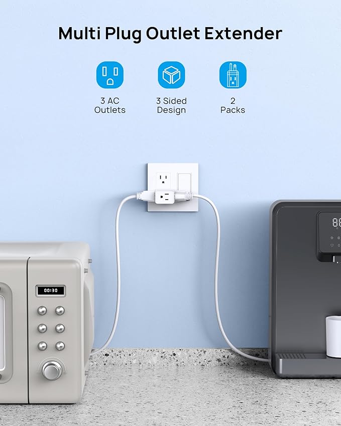 TROND Multi Plug Wall Outlet Extender - 3 Pack Multiple Plug Extension Outlet Splitter Adapter, Horizontal 3 Way Grounded Socket, for Home Office Dorm Room Cruise Ship Travel Essentials, White