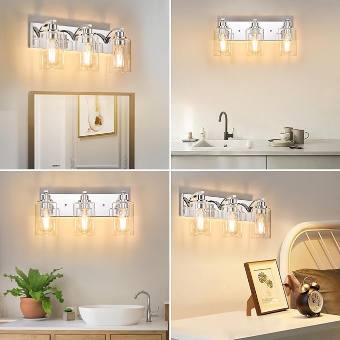 3-Light Bathroom Light Fixtures Modern Chrome Vanity Lights for Bathroom Lighting Fixtures Over Mirror with Clear Glass Shade for Cabinet Mirror Bedroom Hallway