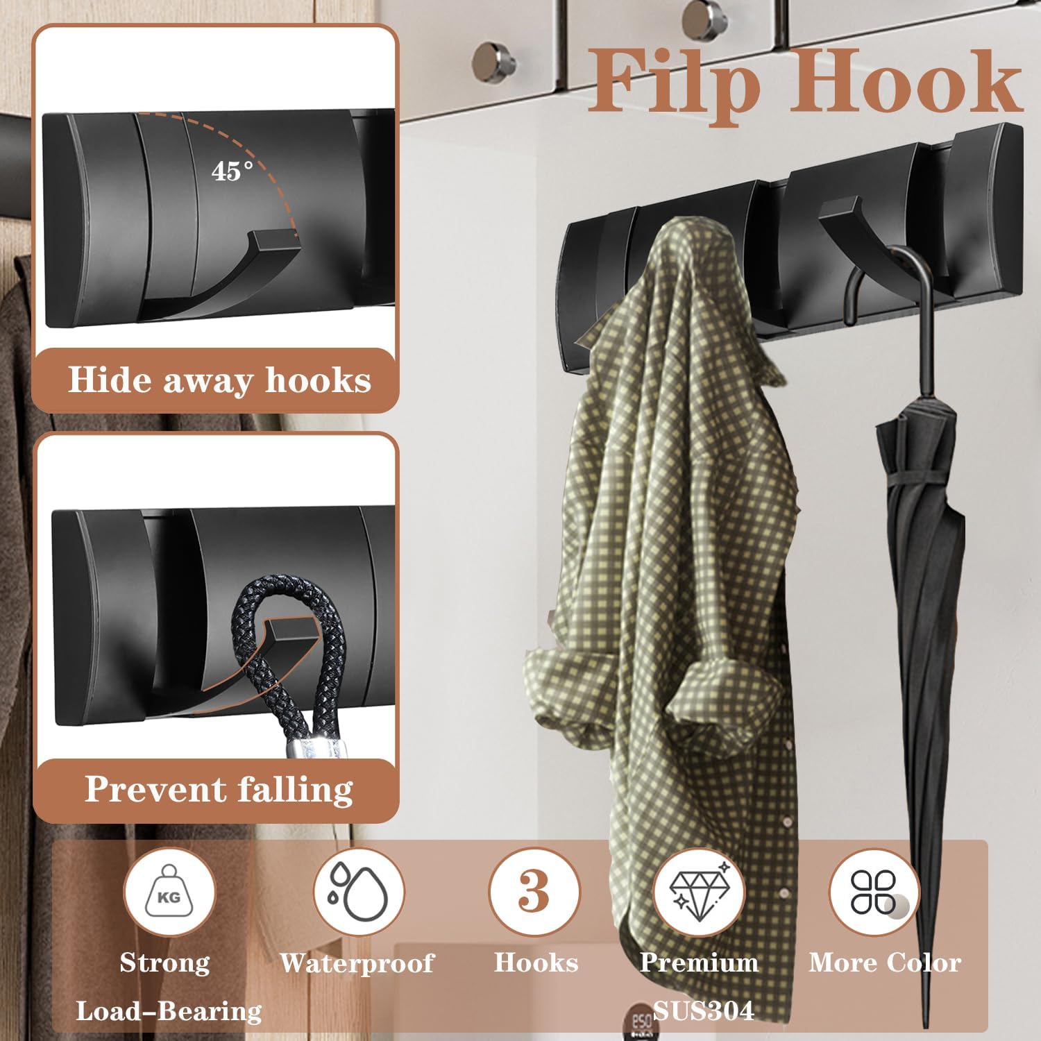 Folding Coat Hooks, Wall Mounted Coat Rack with 3 Retractable Hooks, Heavy Duty Towel Rack for Bathroom Wall Hook for Hanging Clothes Bathrobe, Stainless Steel Coat Hanger for Entryway(Black)