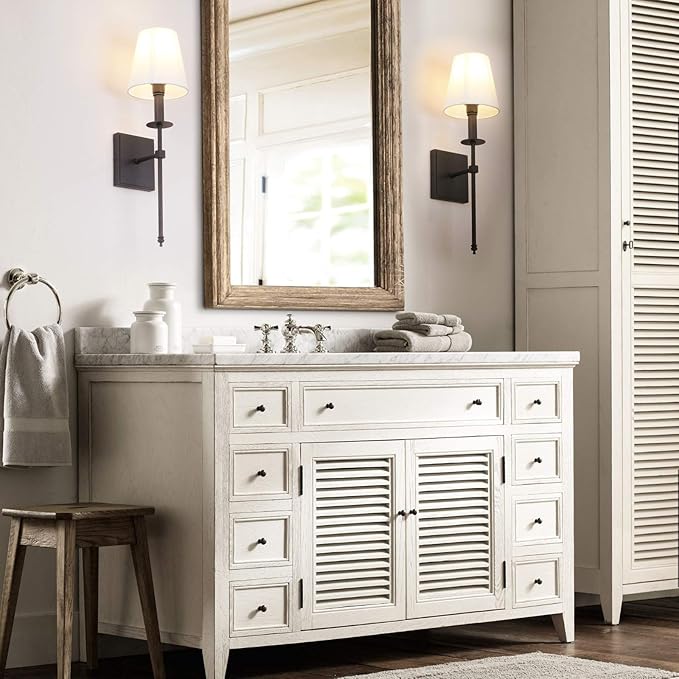 PERMO Single Classic Rustic Wall Sconce Lighting Fixture with Flared White Textile Lamp Shade and Black Tapered Column Stand, Hardwired, E26 Base