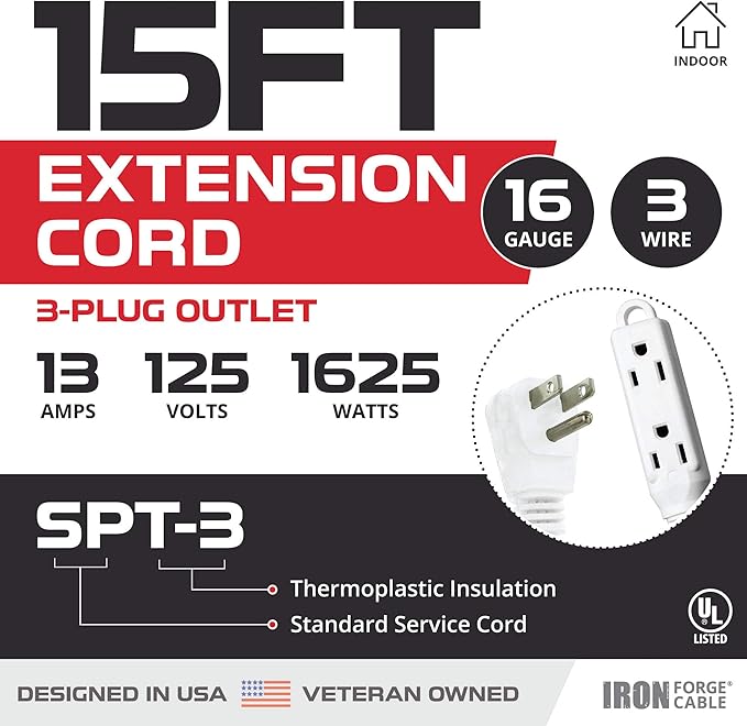 Iron Forge Cable 2 Pack 15 ft Flat Plug White Extension Cord with 3 Outlets - 16/3 SJTW 3 Prong Indoor Extension Cord with Multiple Outlets