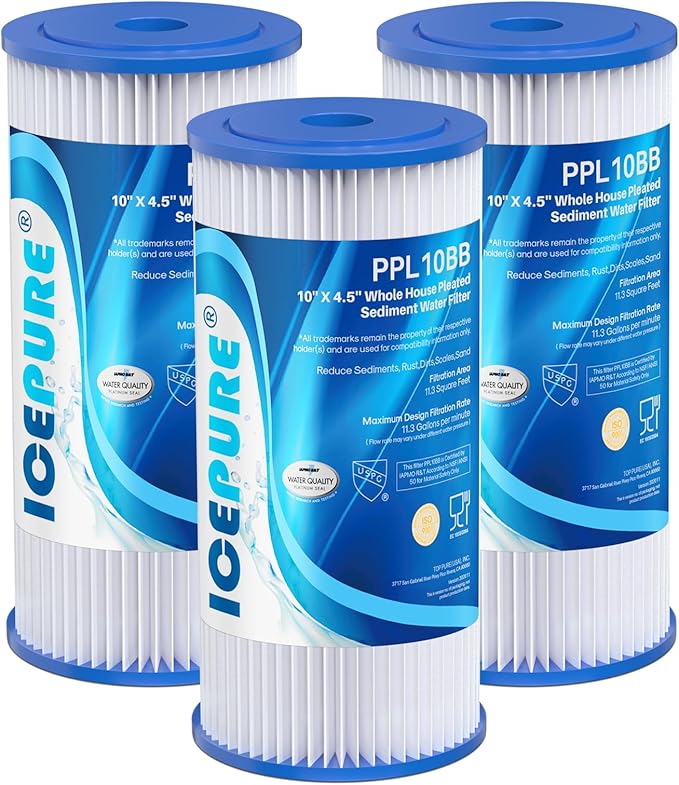 ICEPURE 20 Micron 10" x 4.5" Whole House Sediment Pleated Water Filter Replacement for GE FXHSC, Culligan R50-BBSA, Pentek R50-BB, DuPont WFHDC3001, W50PEHD, GXWH40L, GXWH35F for Well Water, 3PACK