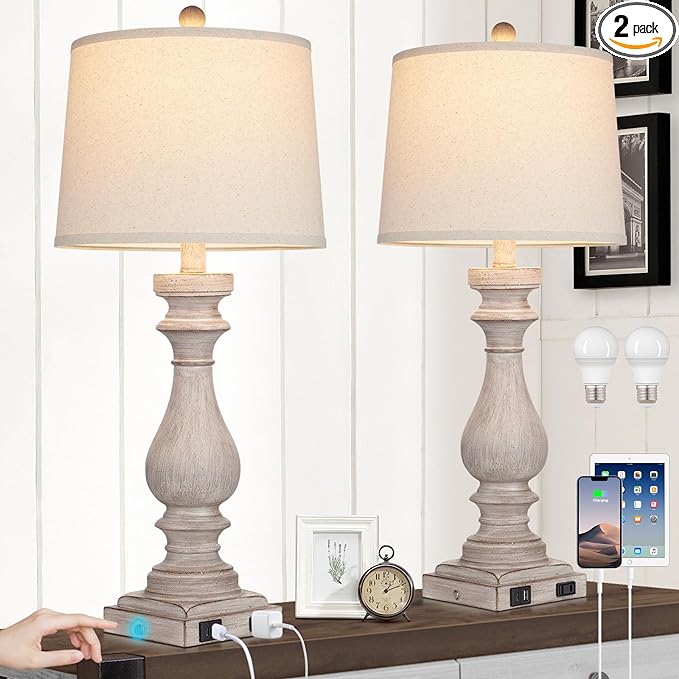 29" Tall Table Lamp for Living Room Set of 2,Vintage Bedside Nightstand Lamps with USB C+A Ports & AC Outlet,3-Way Dimmable Touch Control Desk Lamp for Bedroom,Color 2