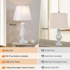 3-Way Dimmable Table Lamps for Bedrooms Set of 2, 30" H Touch Lamps for Living Room with with USB & Type-C Ports, White Mermaid Bedside Lamp for Nightstand, Resin Farmhouse Rustic Lamp with 2 Bulb