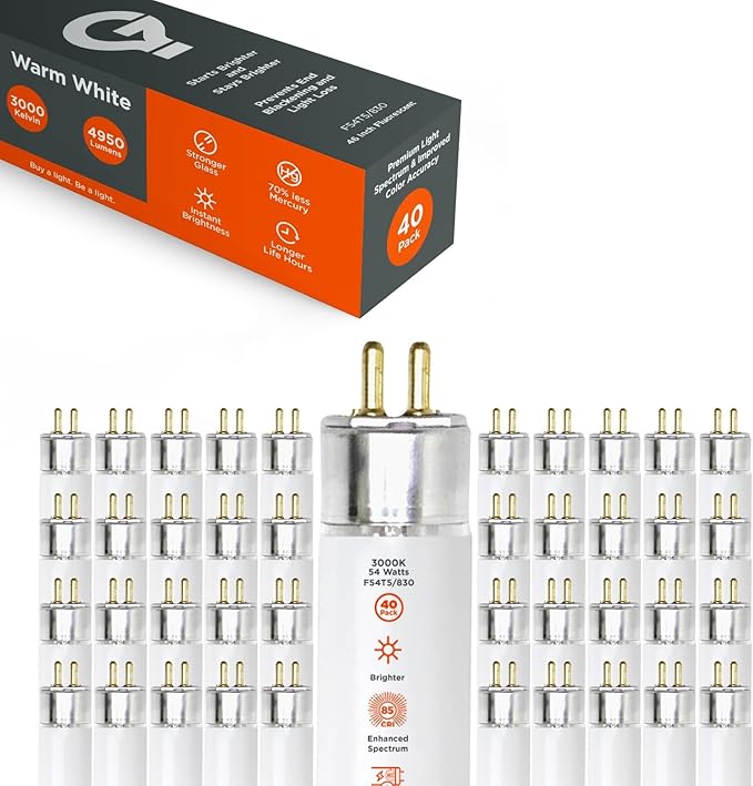 GoodBulb F54T5/830/ECO 54W 46 Inch T5 Fluorescent Light Bulb, 3000K Warm White Medium Bi-Pin Base, 4950 Lumens 85 CRI 36000 Life Hours, Instant/Programmed Start (40 Pack)