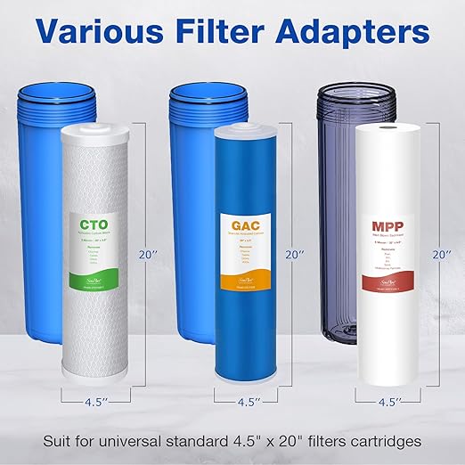 SimPure Whole House Water Filter System, 3-Stage Clear Home Water Filtration with Sediment Carbon and GAC Filters, Reduce Odor, Chlorine, Taste, Iron, Lead, 1" NPT Brass Port, BPA Free (DB20P-3)