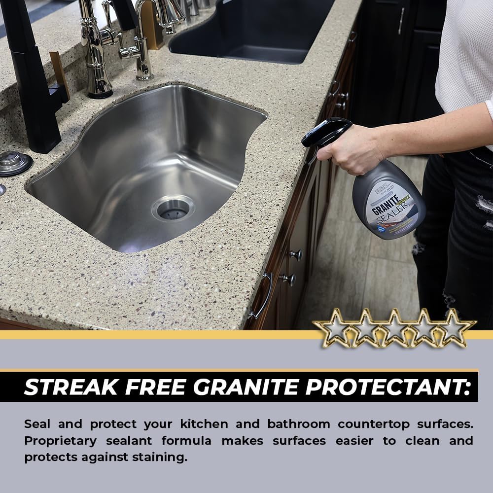 Flitz Granite Sealer (+ Quartz) - 32oz Bottle of USA-Made Quartz Sealer for Countertops, Glass, & More - Food Safe Marble Sealant that Shields Against Hard Water Stains, Mineral Deposits, Oil (1 Pack)